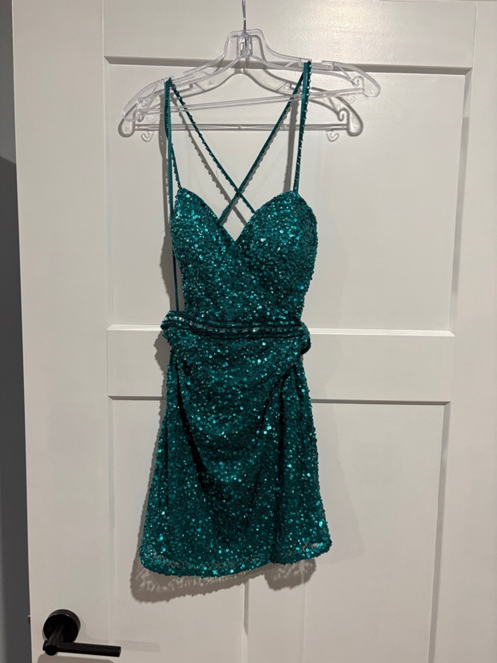 Teal Sequin Spaghetti Strap Homecoming Dress